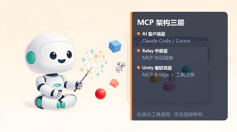 Unity MCP 架构三层示意图:AI客户端层、Relay中继层、Unity编辑器层